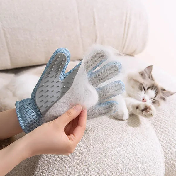 Pet grooming glove removing loose fur from a cat