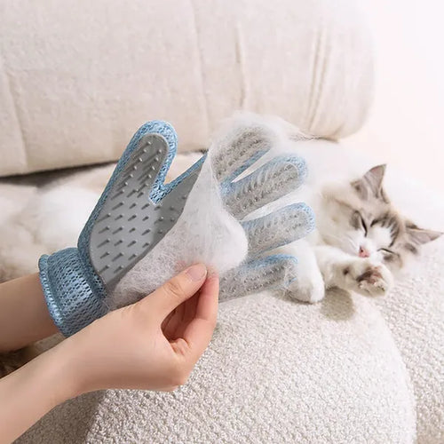 Pet grooming glove removing loose fur from a cat