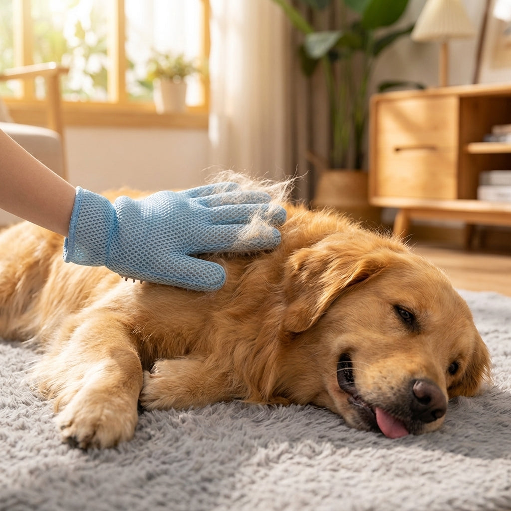 Golden retriever being groomed with the glove, fur lifting off coat