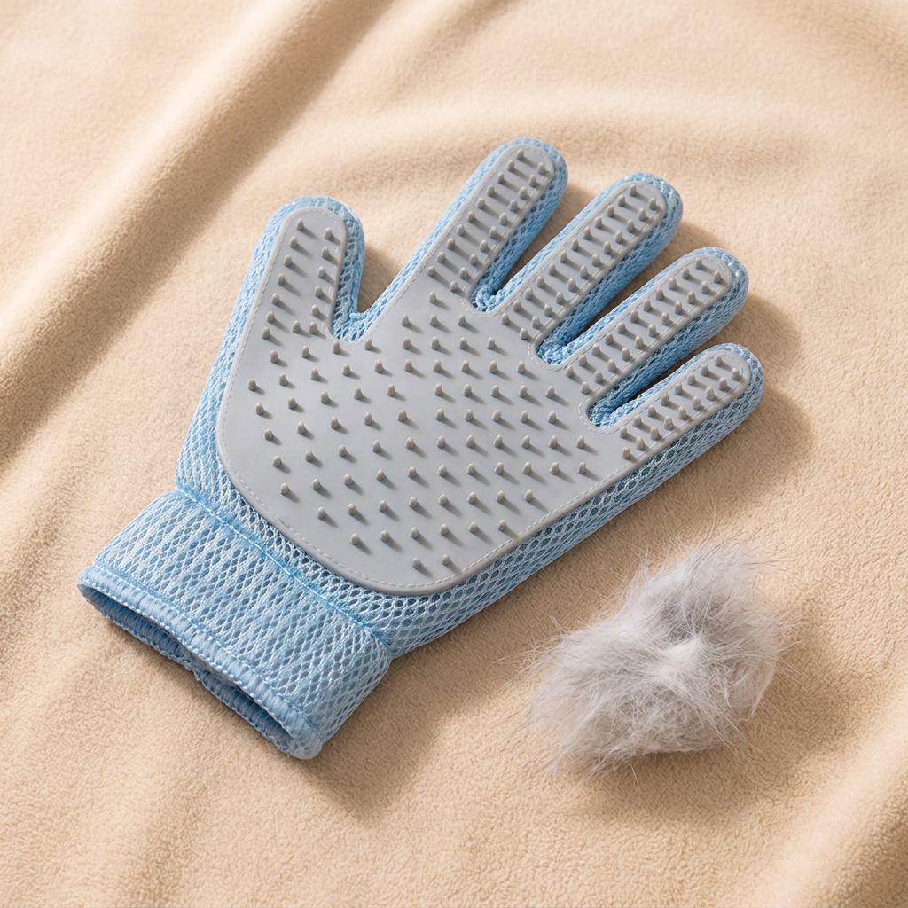 Two pet grooming gloves, product shot