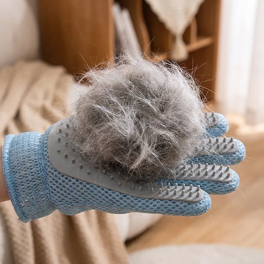 Close-up of glove holding a large ball of collected pet fur