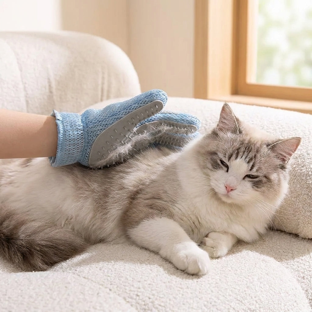 Hand in grooming glove gently petting a relaxed cat on a couch