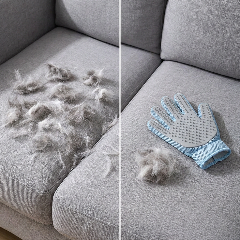 Before and after: fur-covered couch cushion next to a clean one with the glove